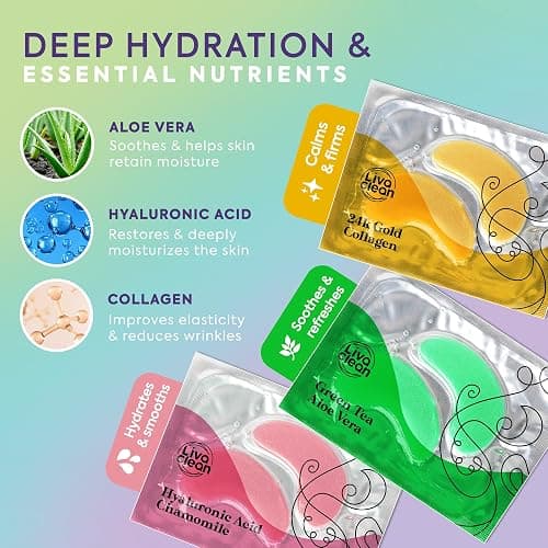 LivaClean 24k Gold Under Eye Patches - 60 Undereye Masks - Collagen Eye Patches for Puffy Eyes and Dark Circles - 3 Active Formulas, Hyaluronic Acid, Collagen, and Aloe Vera for Tired, Puffy eyes thumbnail 2