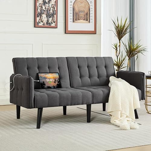 TYBOATLE 65“ Convertible Futon Sofa Bed w/ 2 USB, Upholstered Tufted Small Adjustable Folding Couch Loveseat, Modern Mid Century Sleeper Sofa for Living Room, Bedroom, Apartment, Office (Dark Grey) - Dark Grey thumbnail 2