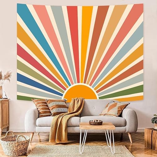 Kanuyee Boho Burning Sun Tapestry Wall Hanging, Retro 70s Abstract Vintage Geometric Rainbow Sunrise Tapestries for Bedroom Living Room Backdrop 36×48 inch thumbnail 2