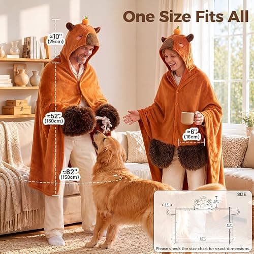Mewaii Capybara Gifts Wearable Blanket Hoodie Soft Flannel Capybara Blanket | Full-Body Coverage, Hands-Free Design, Machine Washable, For Home, Camping, Study & Lounging, Gift for Women & Animal Lovers thumbnail 8