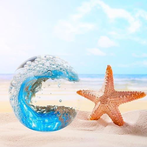 Enjinkail Hand Blown Ocean Waves Crystal Ball - Glass Collectible Figurines Spere - Paperweight Glass Ball Aquarium DecorOffice Decor Ocean Lovers thumbnail 6