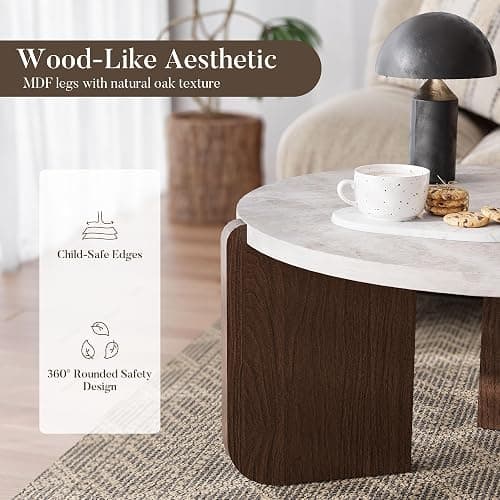 COSIEST Modern Round Coffee Table & Side Table Set, Faux Marble Wood Top, Walnut & Cream White Legs, Minimalist Living Room Center & Accent Table(2 PCS) thumbnail 7