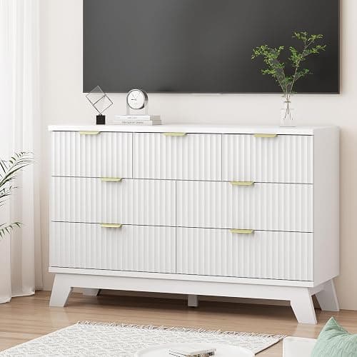Xixini Fluted Dresser for Bedroom with 7 Drawers, 48" Wide Modern Chest of Drawers with Metal Handle, Wooden Dresser TV Stand, Wood Closet Clothes Storage Organizer for Living Room, Hallway, White thumbnail 7