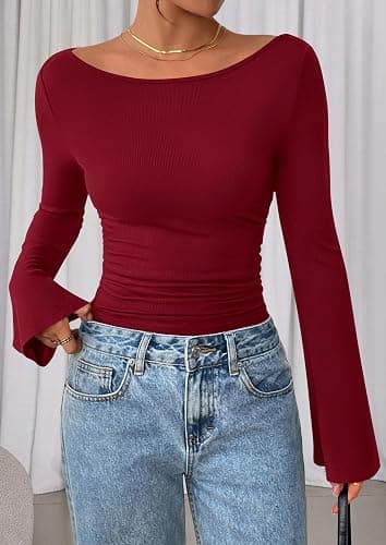 PRETTYGARDEN Womens Bell Long Sleeve Ribbed Knit Tops | Trendy Boat Neck Y2K Cropped Going Out Tops, Ruched Slim Fit Cute Garment Friendly Shirts, Fall Outfits, Fashion Clothing thumbnail 9