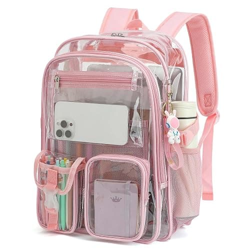 Kouxunt Clear Backpack Heavy Duty Transparent Backpacks Stadium Approved for School Work Sport Travel (Light Pink) - Image 1