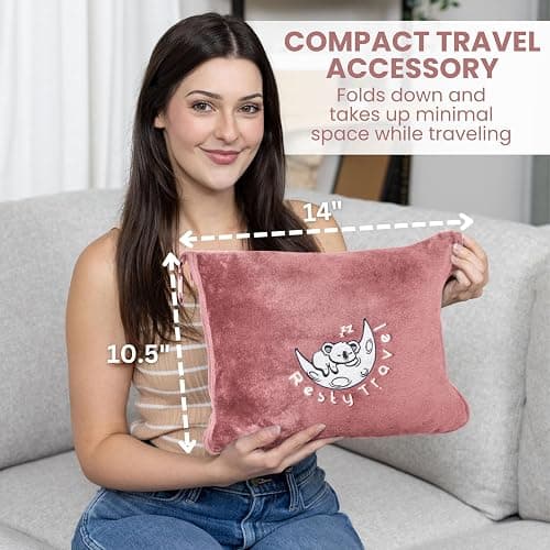 Resty Travel Blanket - Compact Airplane Blanket with Bag - Small and Lightweight Traveling Blanket & Pillow - Portable Blankets with Carabiner for Easy Transport - Plane Train Car (Pink) - Pink thumbnail 7