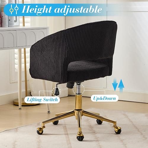 Home Office Chair Swivel Velvet Desk Chair Accent Armchair Upholstered Modern Tufted Chairs with Gold Base for Girls Women Ergonomic Study Seat Computer Task Stools for Living Room(Black) thumbnail 4