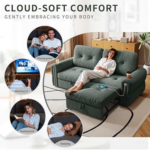 ZHCREAL 77" Queen Size Sofa Bed, Loveseat Sleeper Sofa with Pull Out Bed and USB, 2 Seater Convertible Small Couch for Living Room Bedroom Apartment (Green, Chenille) thumbnail 7