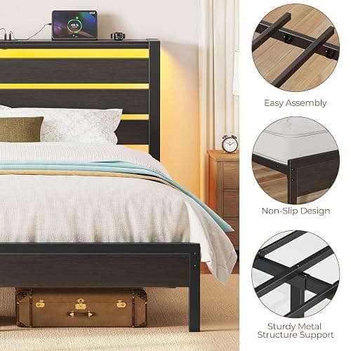 Rolanstar Bed Frame Twin Size with USB Charging Station, LED Bed Frame with Wood Storage Headboard, Black Metal Platform Bed with Under Bed Storage, No Box Spring Needed, Noise Free thumbnail 6