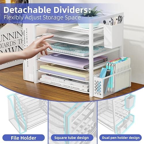 Simple Trending 6 Tier Desk File Organizer, Paper Letter Tray Organizer with File Holder and Pen Container, White thumbnail 5