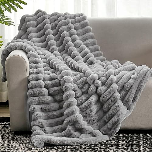 Cozy Bliss Faux Fur Throw Blanket for Couch, Cozy Warm Plush Striped Blanket for Sofa Bedroom Living Room, 50 * 60 Inches Gray - Image 1
