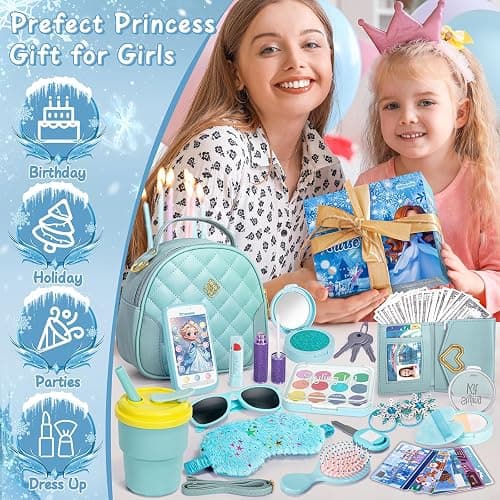 Hohosunlar Play Purse for Little Girl, Princess Toy Handbag with Accessories, Pretend Play Makeup, Kids Phone, Toddler Wallet, Water Bottle, Eye Mask, Birthday Present for Girls 3 4 5 6 7 8 Year Old thumbnail 7
