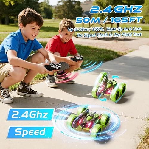 Zalneo Remote Control Car – 4WD 360° Flip Double‑Sided RC Stunt Car LED Light Bar & USB‑C Modular Battery, Off‑Road Toys for Boys Ages 6‑12, Birthday Gift, Black‑Green thumbnail 7