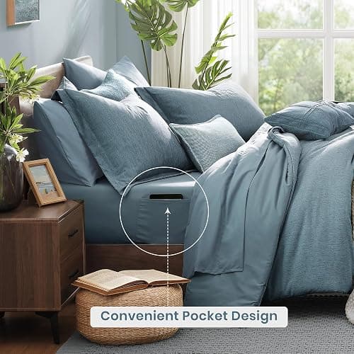 Monbix Full Size Comforter Set-7 Pieces Dusty Blue Cationic Dyeing Bed in a Bag Full Bedding Sets with Comforter, Sheets, Pillowcases & Shams, All Season Reversible Bedding Comforters thumbnail 5