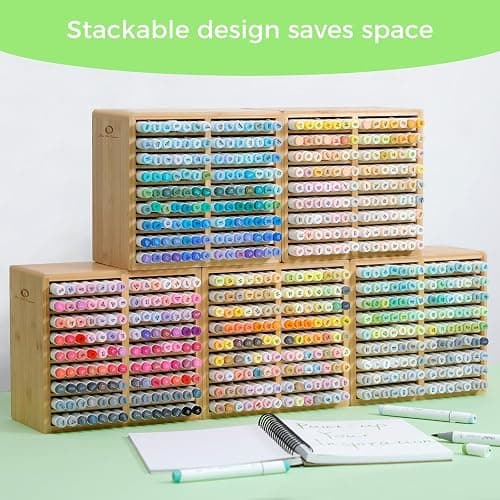 Ohuhu Bamboo Marker Organizer, Wooden Desktop Storage Hold 126 Markers, Pens, Pencils, Art Brushes Stationary Organizer Pencil Holder with 18 Compartments for Home, Classroom, Office Decor thumbnail 8