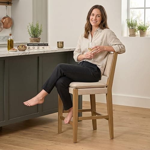 AllForWood Jayden Premium Solid Wood Mid-Century Upholstered Counter Stools 24", Set of 2, Solid Rubberwood Legs, Natural Flax, Modern Light Brown Finish for Kitchen Island, Dining Room, Home Bar thumbnail 6