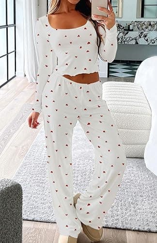 Lacozy Cute Pajamas for Women Set 2 Piece Long Sleeve Square Neck Cherry Pjs Set Y2K Sleepwear Lounge Set Fall Winter thumbnail 2