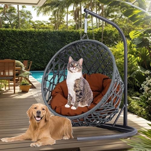 anwickjeff Cat Swing Bed with Steel Stand - Egg Chair with Rattan Wicker & Soft Cushion, Indoor Hanging Pet Bed for Kitten, Puppy, Small Dogs (Brown) thumbnail 6