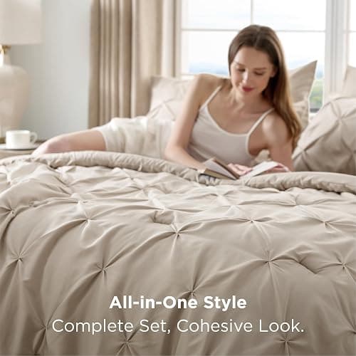 Bedsure Queen Comforter Set Beige - Bed in a Bag Queen Size Bedding 7 Pieces, GentleSoft™ Pintuck Bed Set Gift for Family, Pinch Pleat All Season Comforter with Sheets, Pillowcases & Shams thumbnail 3