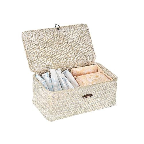 Sumnacon Wicker Basket with Lid,Tampon Holder for Bathroom,Whitewash,XS | Natural Seagrass Female Product Organizer for Toiletries Pad Tampon Storage,Farmhouse Woven Baskets for Shelf, Toilet Tank - Image 1