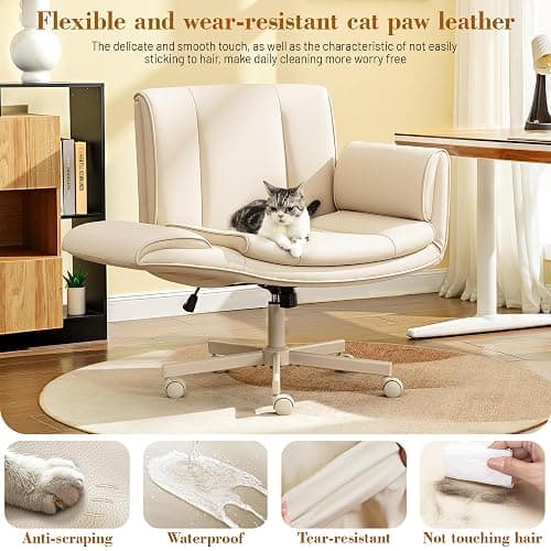 HeroSet Criss Cross Chair with Wheels & Armrests,Comfy Wide Vanity Chair,Scratch-Resistant Pu Leather Cross Legged Desk Chair,Height Adjustable Computer Office Desk Chairs for Home,Makeup,Bedroom thumbnail 7