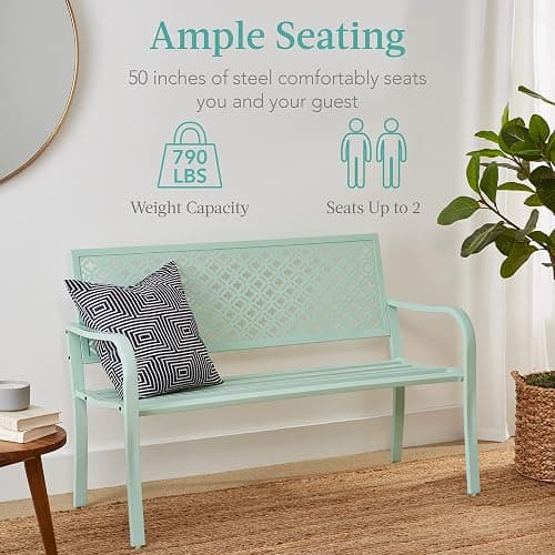 Best Choice Products Outdoor Bench 2-Person Metal Steel Benches Furniture for Garden, Patio, Porch, Entryway w/Geometric Backrest, 790lb Capacity - Mint Green thumbnail 4