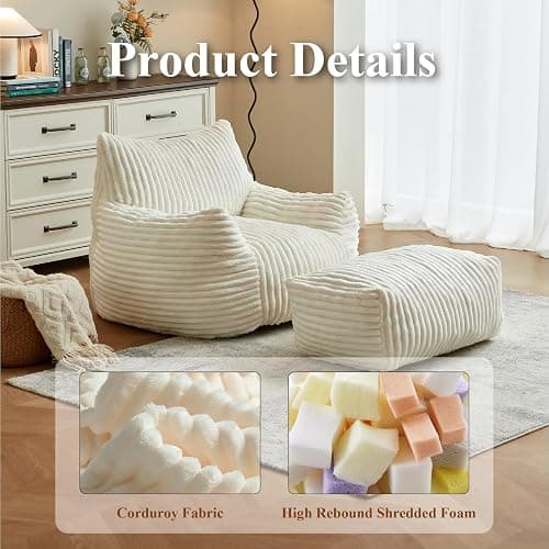 XOFUGEM Premium Beige Bean Bag Chair for Adults with Armrest- Ultra Plush Memory Foam Lounge Sofa & Comfy Reading Nook Chair for Bedroom, Living Room & Dorm (White, Without Pedals) thumbnail 4