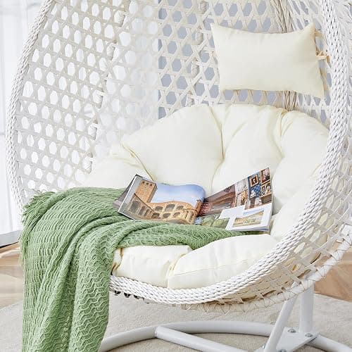 Hanging Egg Chair Outdoor Indoor,Wicker Swing Egg Chair with Stand, 300lbs Capacity for Bedroom Patio Garden Balcony Yard (White) thumbnail 7