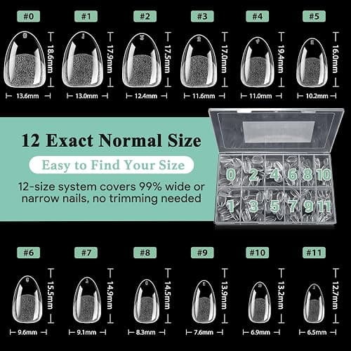 LEYKOSH Extra Short Almond Nail Tips - 216pcs Soft Gel Full Cover Fake Nails, 70-Grit Pre-Sanded Matte Clear Press on Nails for Extension, DIY Home Manicure with 12 Sizes thumbnail 9