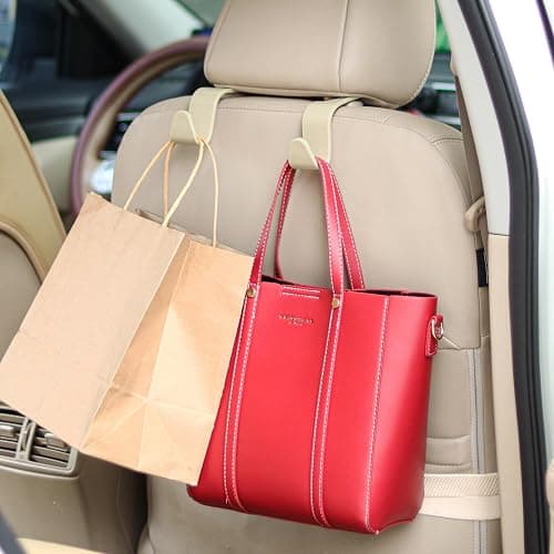 Amooca Universal Multifunctional Car Vehicle Headrest Hook, Organizer Hanger Storage Hook for Bag Purse Cloth Grocery (Beige Set of 4) thumbnail 2