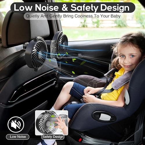 Dealswin Rechargeable Car Fan for Backseat Kids Baby, Battery and USB Dual Power Car Fans, Powerful 3 Speeds 360° Rotatable Dual Head Cooling Car Seat Fan for Sedan SUV RV Truck Vehicle thumbnail 7