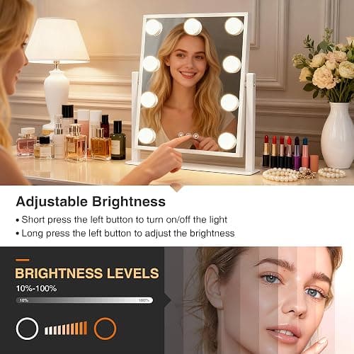 Makeup mirror with lights,Hollywood Vanity Mirror with 9 LED Bulbs，12" x 13.2" Plug in Makeup Mirror for Desk,Smart Touch Control 3Colors Dimmable, light up mirror for makeup,Bedroom,Tabletop,White thumbnail 4