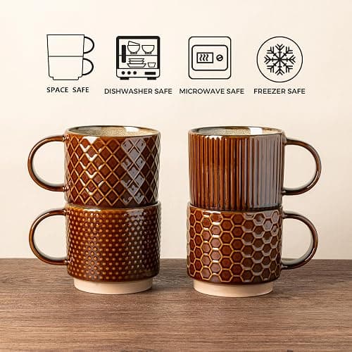 GBHOME 12 OZ Stackable Coffee Mugs, Ceramic Coffee Cups with Texture Patterns for Man,Woman,Dad,Mom, Modern Coffee Mugs Set of 4 for Latte/Cappuccino/Cocoa. Dishwasher&Microwave Safe - Caramel - 12oz thumbnail 6