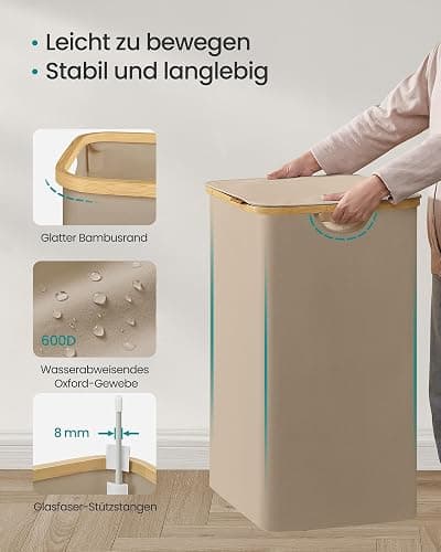 SONGMICS Wäschekorb mit Deckel, Wäschesammler mit 2 Fächern, 130 L, herausnehmbarer Wäschesack, Oxford-Gewebe, Griffe aus Bambus, zusammenklappbar, 52 x 38,5 x 70,5 cm, kamelbraun LCB513LJ01 thumbnail 7