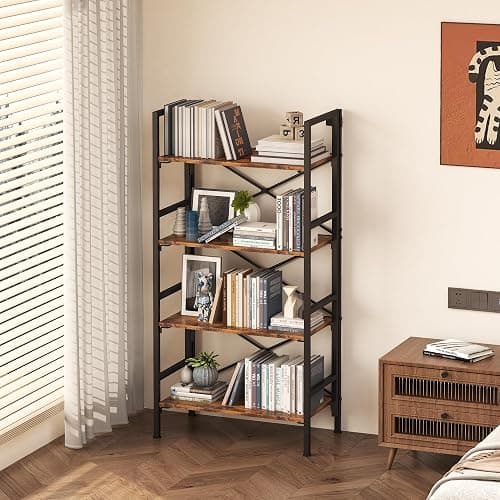 Homeiju Folding Bookshelf,4 Tier Bookcase Foldable Shelf with X-Bracket Design, Adjustable Feet, Space Saving Storage for Living Room, Office, Rustic Brown thumbnail 5