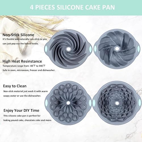Tongjude 4 Pieces Silicone Fluted Cake Pans, 9/10/12 Cups Tube Baking Pan, Silicone Molds for Homemade Cake, Bread and Jello, Non-Stick, Grey thumbnail 9