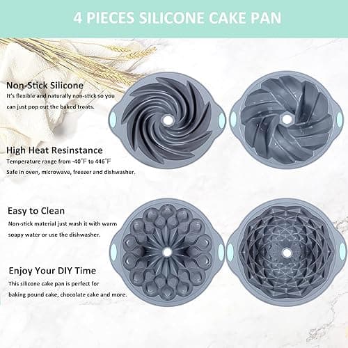 Tongjude 4 Pieces Silicone Fluted Cake Pans, 9/10/12 Cups Tube Baking Pan, Silicone Molds for Homemade Cake, Bread and Jello, Non-Stick, Grey thumbnail 10