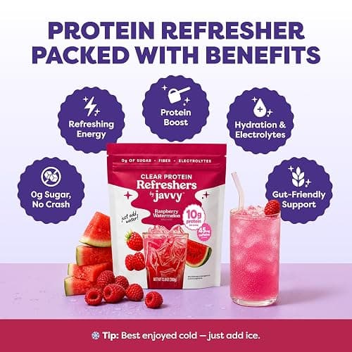 Javvy Clear Protein Powder with Clear Whey Protein, Raspberry Watermelon | 10g Whey Protein & Collagen Peptides, Electrolyte Powder, Natural Flavors, 0g Sugar, 3g Fiber, 45mg Caffeine thumbnail 4