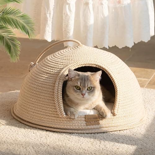CHEERPALS Cat Cave Bed for Indoor Cats, 3 in 1 Cat House with Washable Cushion and Ball, Scratcher Bed, Cute Rope Bed for Kittens and Large Cat(White) - Image 1
