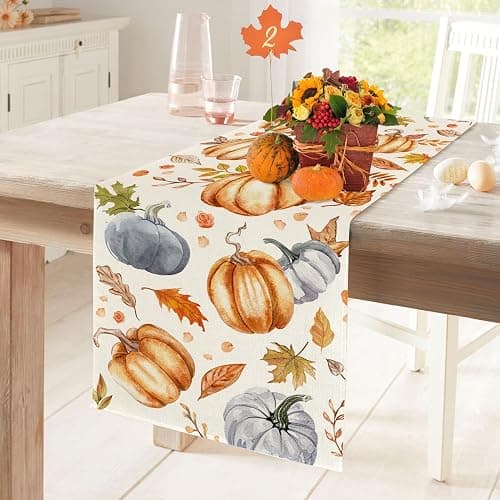 Kürbisse Blätter Herbst Tischläufer Ahornblätter Tischdekoration, Waschbar Saisonnal Küche Esstisch Dekoration für Drinnen Draußen Herbstdeko Thanksgiving Erntedankfest Bauernhaus Dekoration 40x140cm - Orangepumpkin - 40x140cm thumbnail 2