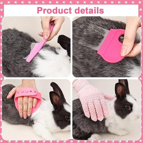 VCZONE Pink Small Animal Grooming Kit with Nail Clipper, Flea Comb, Shampoo Brush, Slicker Brush, Massage Glove for Rabbits thumbnail 4