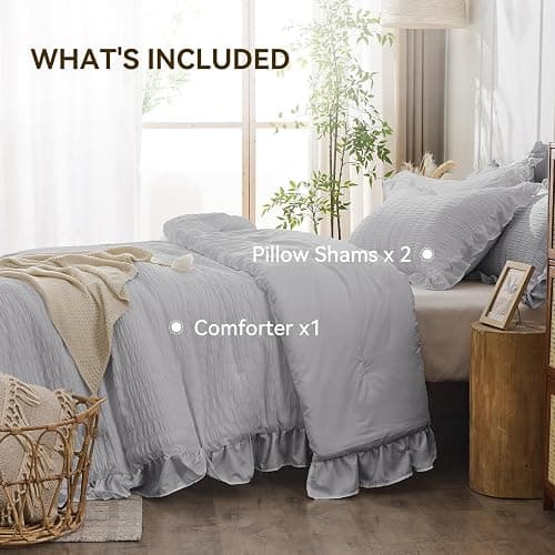 JOLLYVOGUE Light Grey Comforter Full Size, 3 Pieces Seersucker Lightweight Full Size Bedding, All Season Fluffy Microfiber Bedding Comforter Set with 1 Ruffle Comforter and 2 Ruffle Pillowshams thumbnail 6
