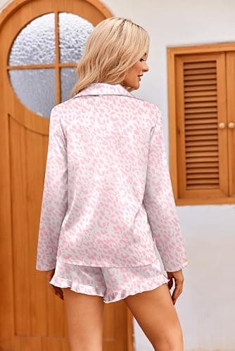 Ekouaer Womens Satin Pajama Sets Long Sleeve Top and Shorts Lounge Set Button Down Sleepwear thumbnail 5