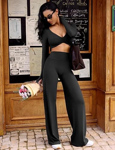 YEOREO Long Sleeve Crop Tops for Women Agantha Deep V Neck Ruched Padded Workout Gym Cropped T Shirt Top with Thumb Holes thumbnail 3