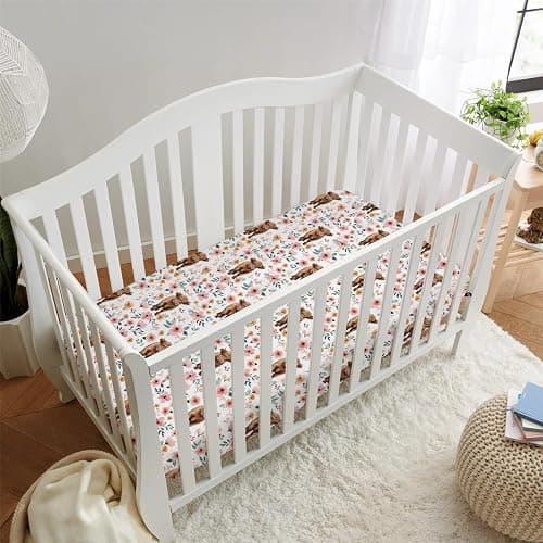 HawSkgFub Highland Cow Floral Boho Fitted Standard Crib Sheet for Baby Girl, Retro Western Farm Animal Yak Flower Toddler Mattress Cover, Soft Stretchy Nursery Bed Sheets Decor Kids Gift 52" x 28" thumbnail 5