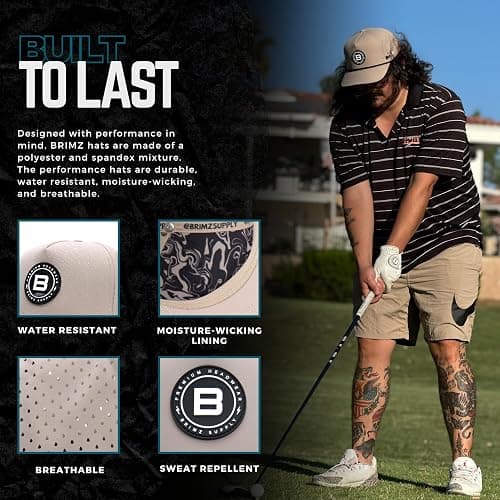 BRIMZ Golf Performance Hat - Tee Holder & Magnetic Ball Marker - Breathable, Sweat & Water Resistant Golfing Snapback Hat - Brimz - Tan thumbnail 3