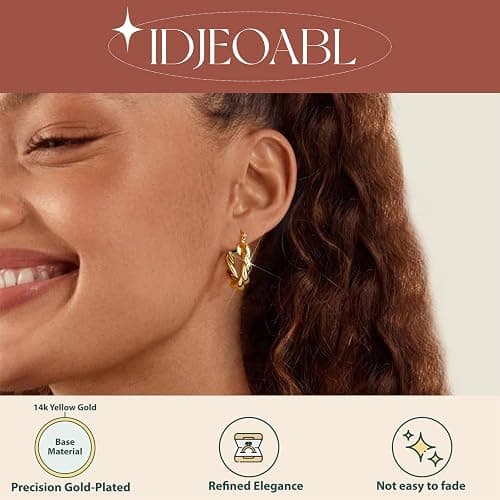 IDJEOABL Gold/Silver/Rose Gold Hoop Earrings Set for Women Non Tarnish | 14K Gold Plated Trendy Chunky Small Huggie for Sensitive Ears Jewelry Twisted Hypoallergenic Waterproof Lightweight Pack thumbnail 3