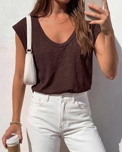 BTFBM Casual Summer Oversized Womens T Shirts Going Out Tops Trendy | Basic Tees,Cap Sleeves,V Neck T Shirts Blouse Y2k Tops,Solid Color,Loose Fit,Summer Clothing,Beach Vacation Clothes For Women thumbnail 3