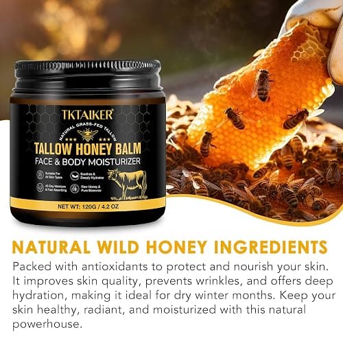 Beef Tallow for Skin, Beef Tallow for Face, Hydrating Tallow Balm with Raw Honey and Beeswax, Grass-Fed Beef Tallow & Raw Wild Honey Blend, Body & Face Moisturizer, Natural Formula, Light Scent thumbnail 7