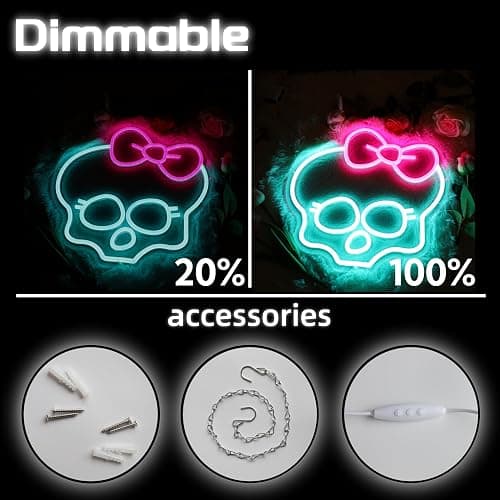 Skull Neon Sign for Room Decor Monster High Neon Light LED Skull with bow Sign Neon Sign for TV Series Fans Gifts Man Cave Wall Decor Dormitory Decoration USB Powered Dimmable 13"*12.6" thumbnail 3